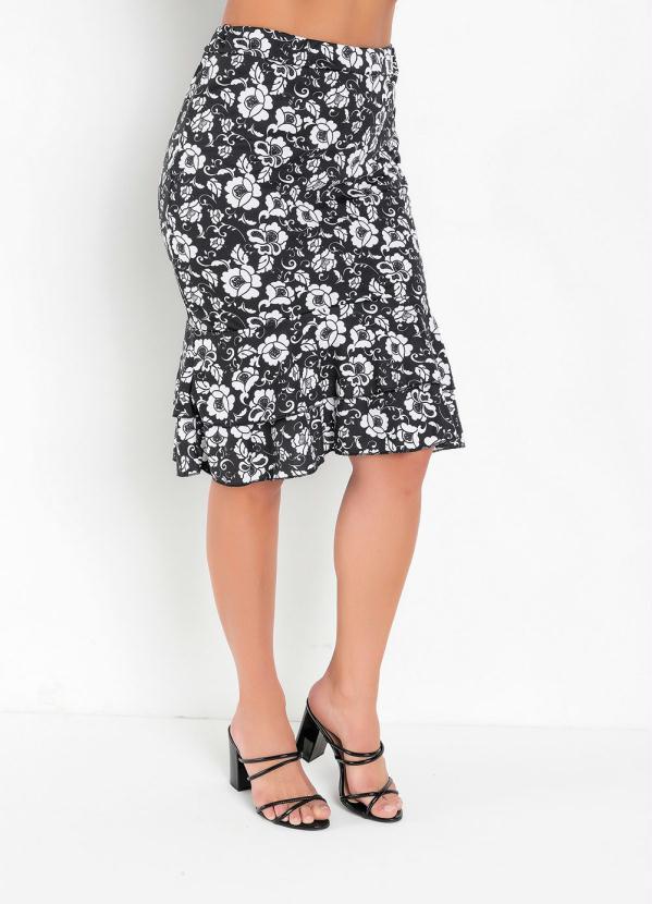 Saia Floral Preta Com Babado Moda Evang lica Queima De Estoque