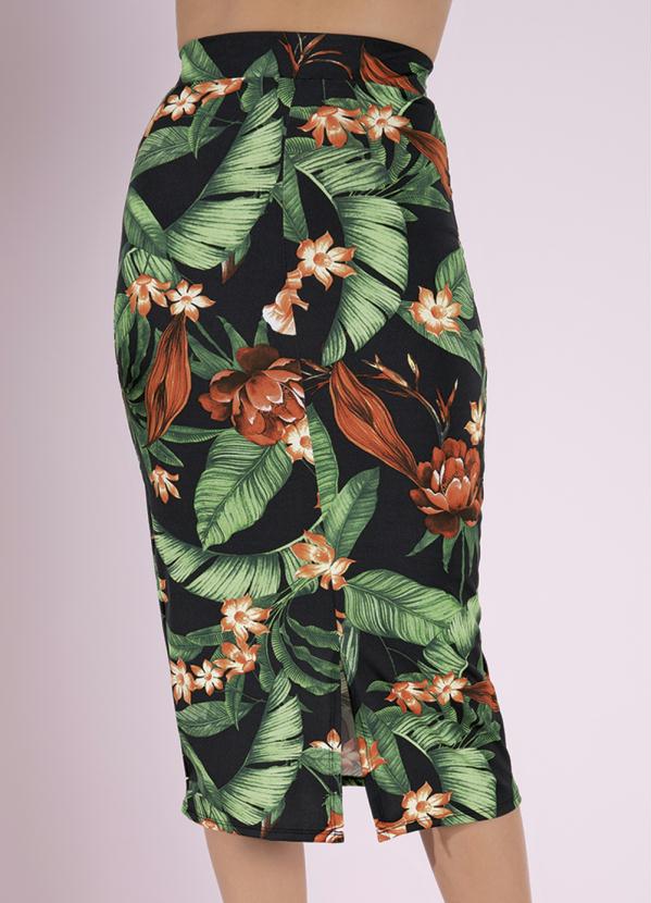 Queima Estoque - Saia Floral Preta com Fenda