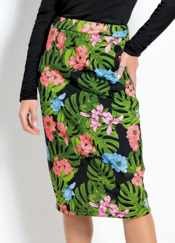 Outlet - Saia Floral Verde com Elástico no Cós