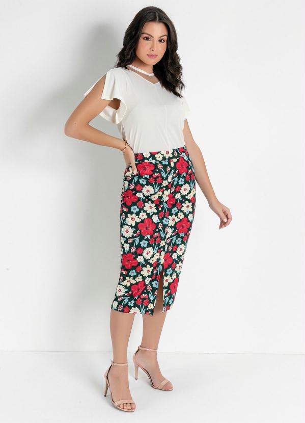Outlet - Saia Floral Verde com Fenda Moda Evangélica 3