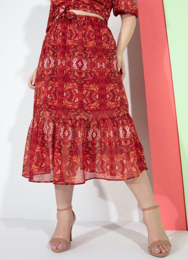 Quintess - Saia Floral Vermelho com Babado na Barra 6
