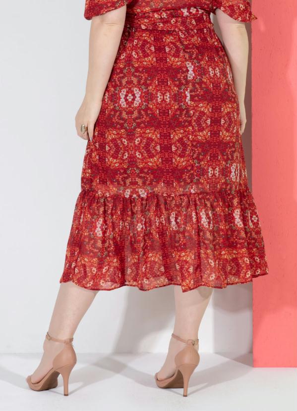 Quintess - Saia Floral Vermelho com Babado na Barra 7