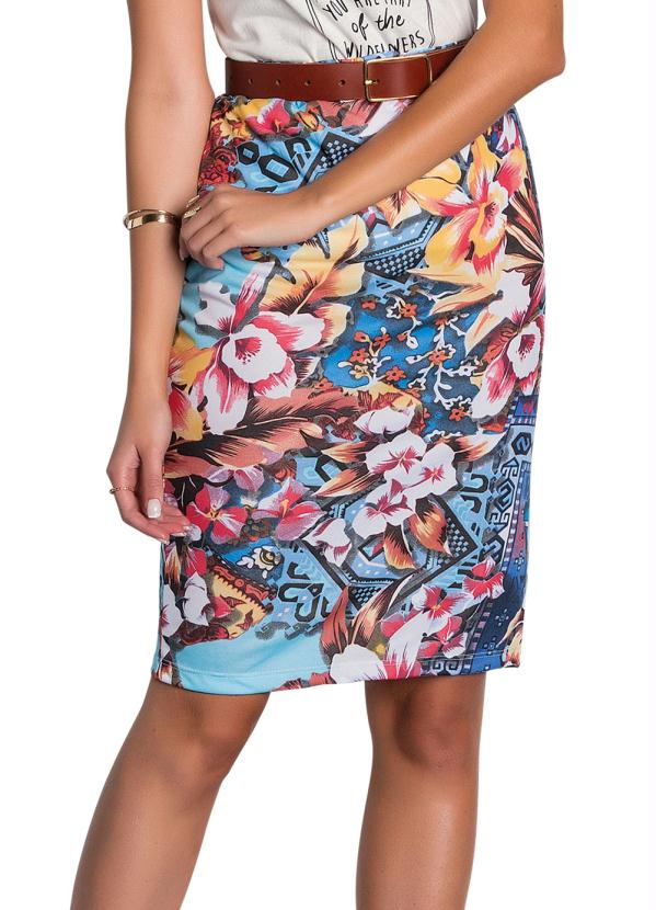 Saia Lápis Floral Azul Moda Evangélica Queima De Estoque 