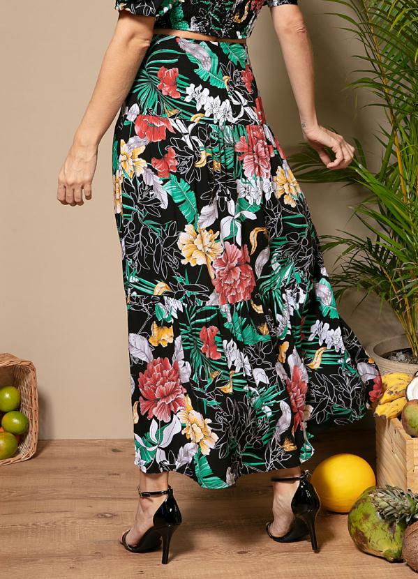 Quintess - Saia Longa Floral Preto com Recortes 2