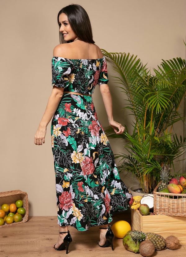 Quintess - Saia Longa Floral Preto com Recortes 6