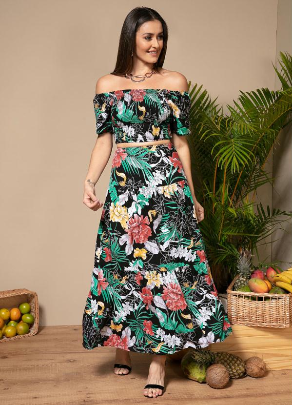 Quintess - Saia Longa Floral Preto com Recortes 7