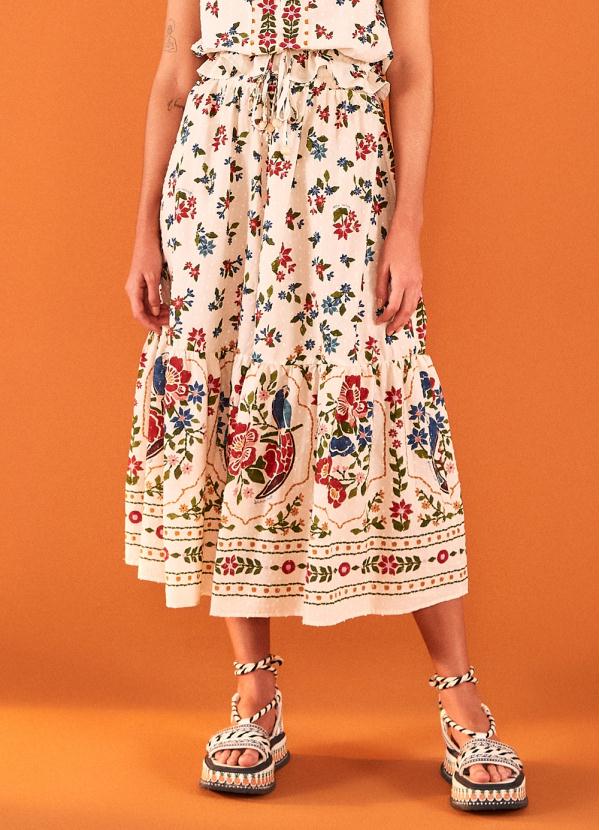 Farm - Saia Midi de Tricoline Bela Bege