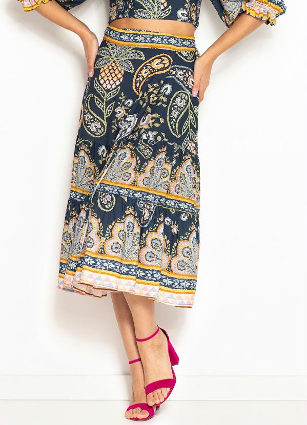 Farm - Saia Midi de Viscose Desejo de Abacaxi Azul