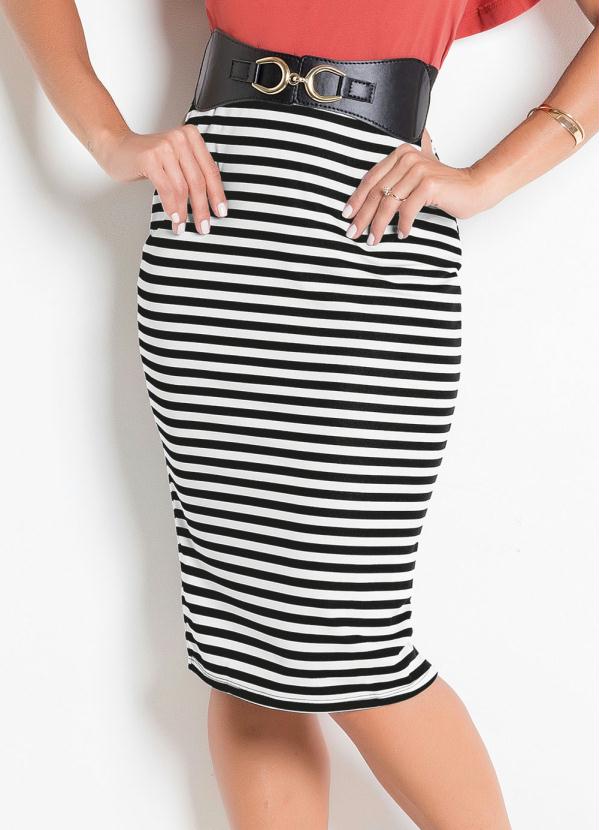 Rosalie - Saia Midi Justa Listrada Moda Evangélica