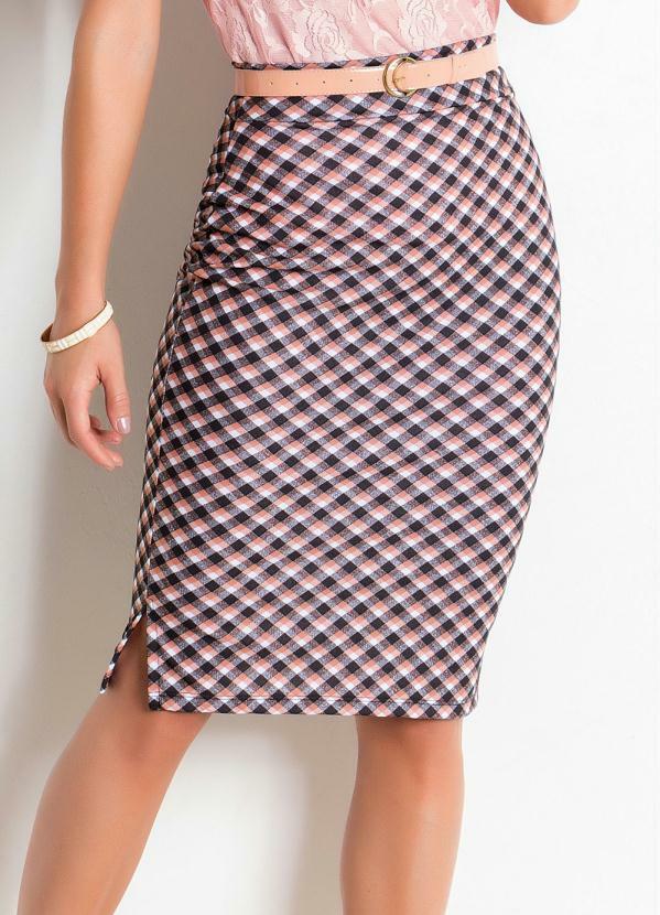 Rosalie - Saia Midi Xadrez Laranja Moda Evangélica
