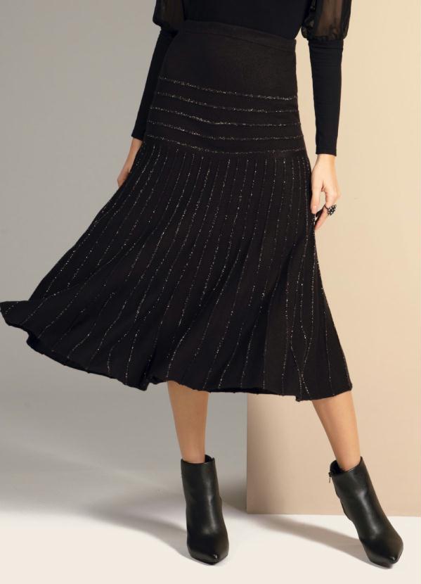 Quintess - Saia Preta Midi Evasê com Detalhes Metalizados