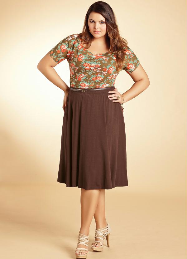Quintess - Saia Plus Size de Cintura Alta Marrom 3