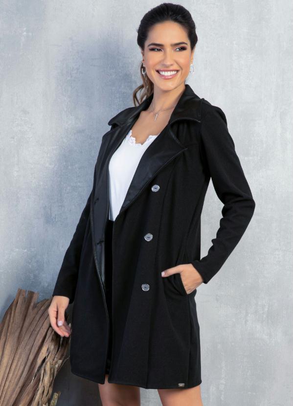 Quintess - Sobretudo Preto com Gola e Bolsos