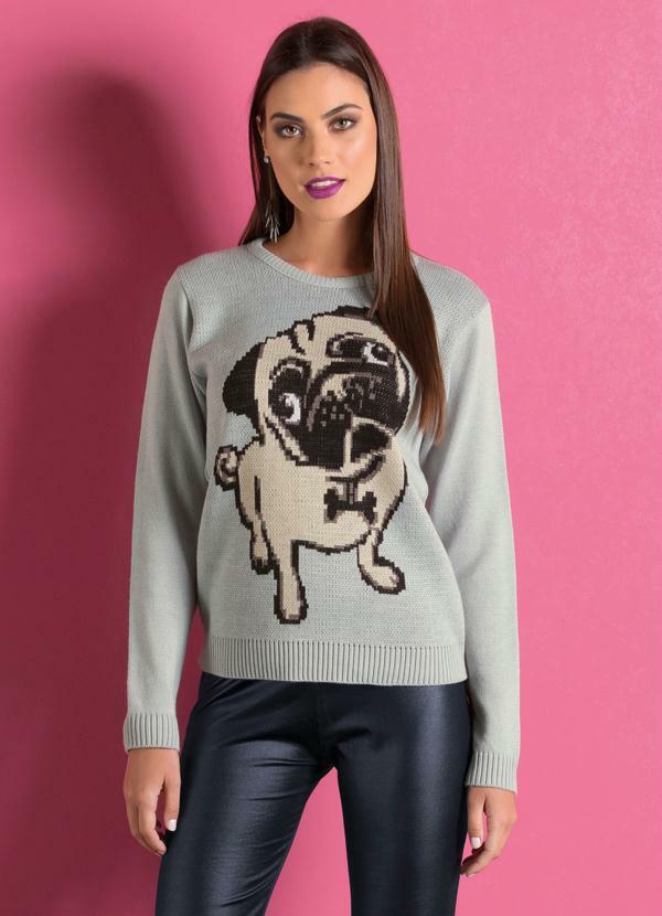 Quintess - Suéter de Tricô Cinza com Estampa Frontal Pug