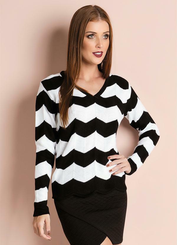 Quintess - Suéter de Tricô Estampa Zig Zag Preto e Branco