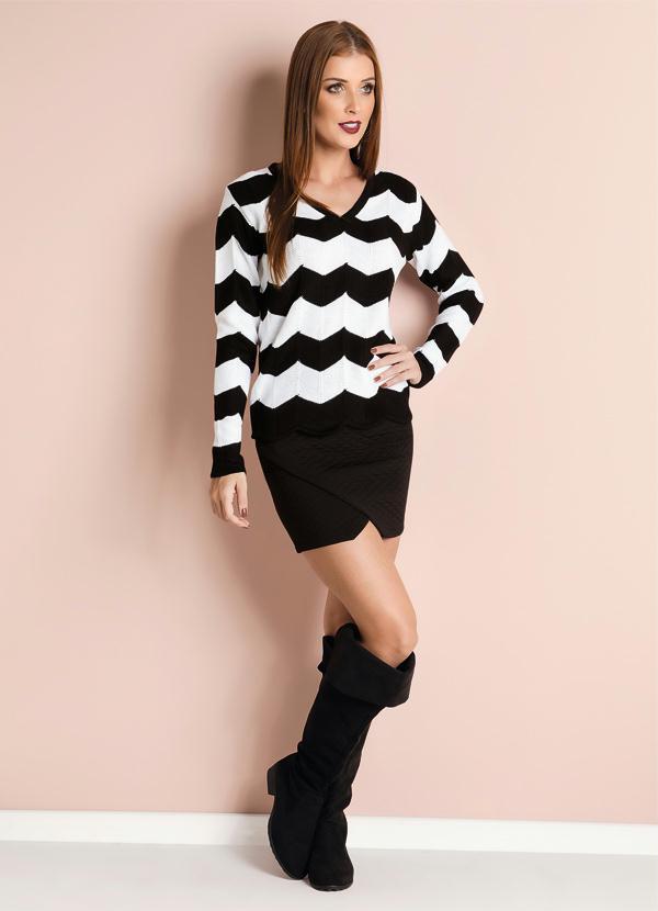 Quintess - Suéter de Tricô Estampa Zig Zag Preto e Branco 3