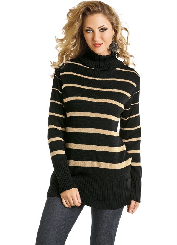Outlet - Suéter Listrado Preto/Dourado