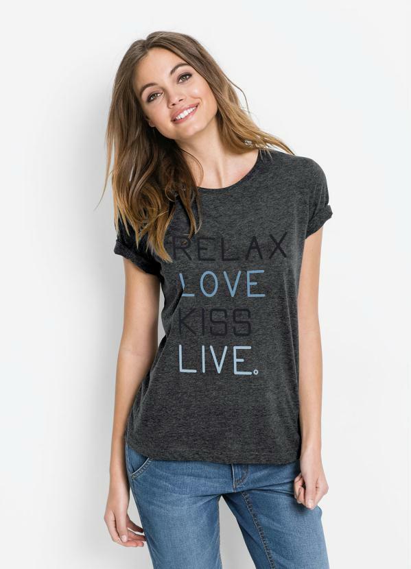 bonprix - T-Shirt com Estampa Lettering Cinza Mescla