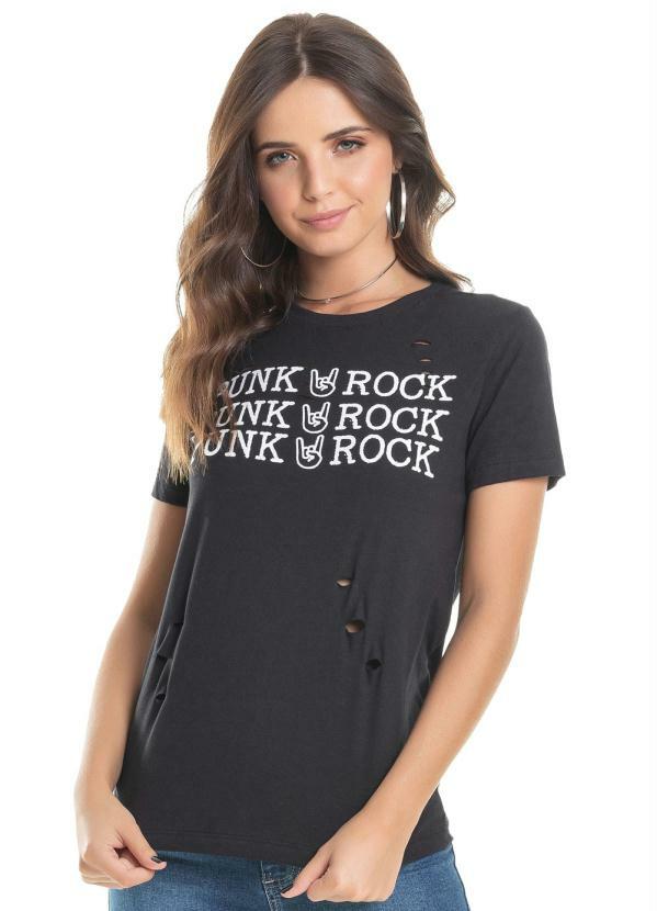 Up Close - T-Shirt Estampado com Cortes Frontal Preto