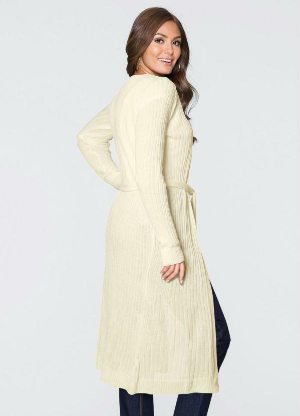 bonprix - Cardigan de Tricô Alongado com Faixa Off White 2