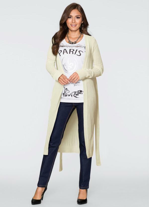 bonprix - Cardigan de Tricô Alongado com Faixa Off White 3