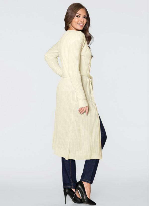 bonprix - Cardigan de Tricô Alongado com Faixa Off White 4