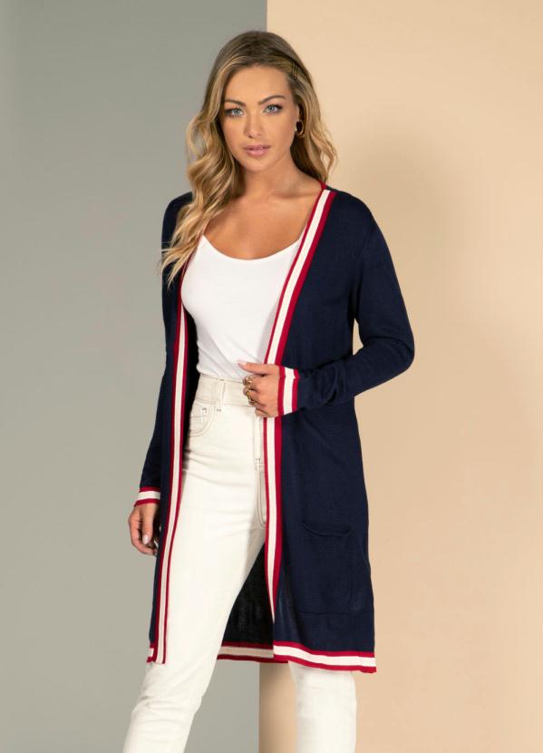 Quintess - Cardigan em Tricô Azul com Bolsos