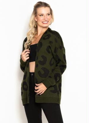 Maria Filó - Casaco de Tricot Jacquard Onça Verde - MARIA FILÓ