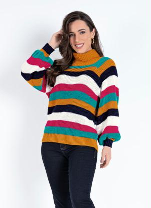 Janine - Casaco Listrado com Gola Alta - JANINE