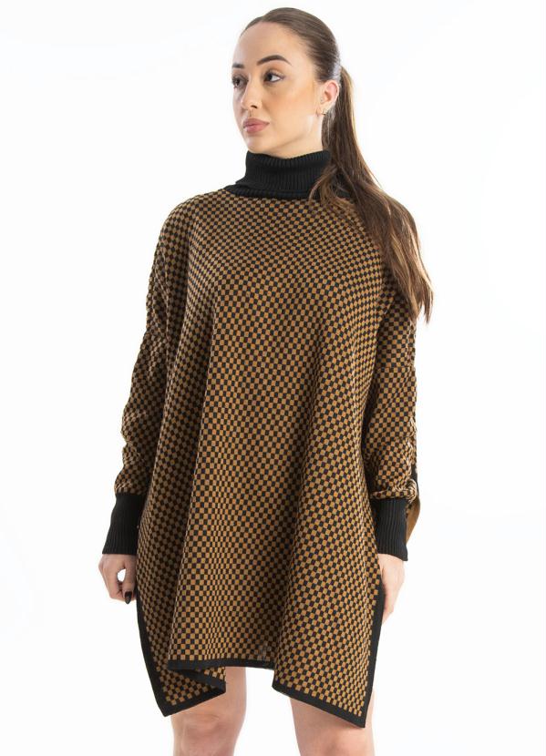 Endless - Poncho Xadrez Tricot Feminino Marrom
