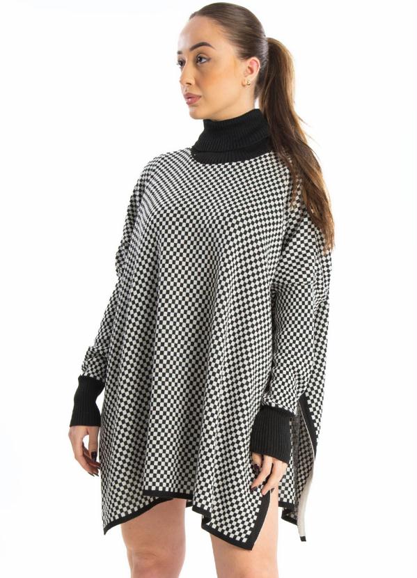 Endless - Poncho Xadrez Tricot Feminino Preto