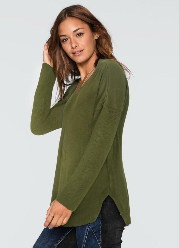 bonprix - Suéter de Tricô Alongado Verde Oliva