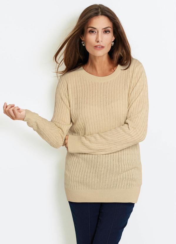 bonprix - Suéter de Tricô Básico Decote Redondo Taupe