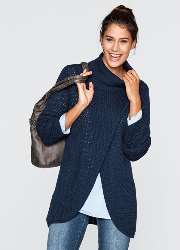 bonprix - Suéter de Tricô Transpassado Azul