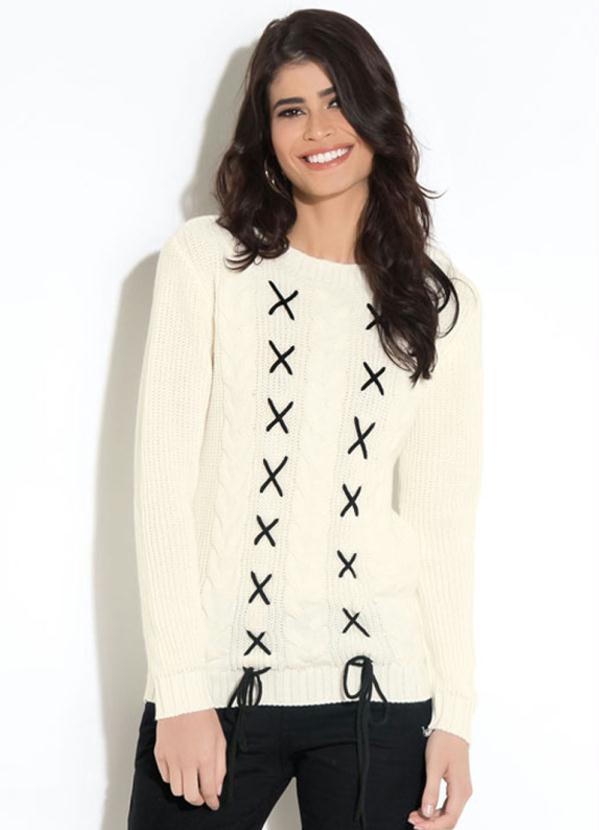 Quintess - Suéter em Tricô Off White Quintess com Trançado