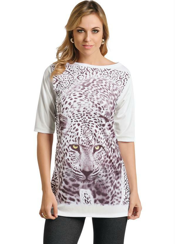 Moda Pop - Túnica com Estampa Frontal de Onça Branca