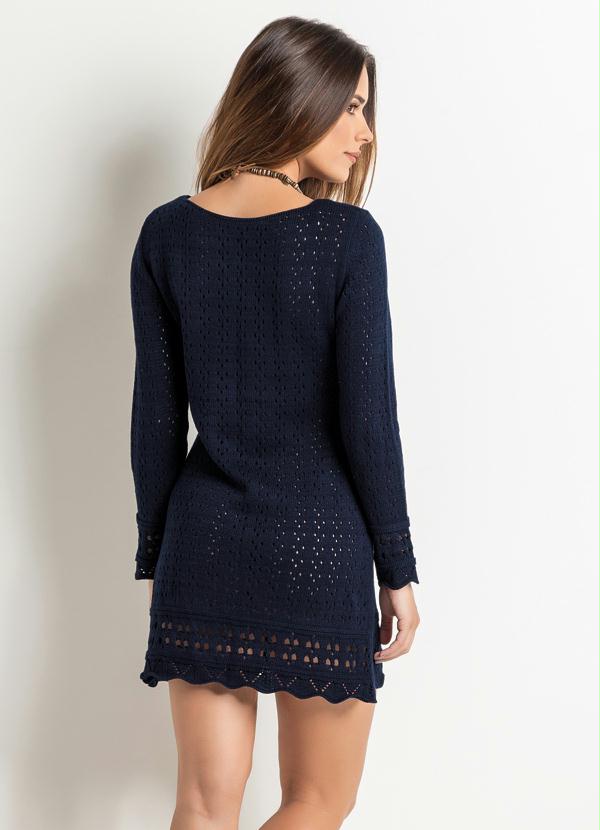 Quintess - Vestido Tricô Furadinho Azul Escuro 2