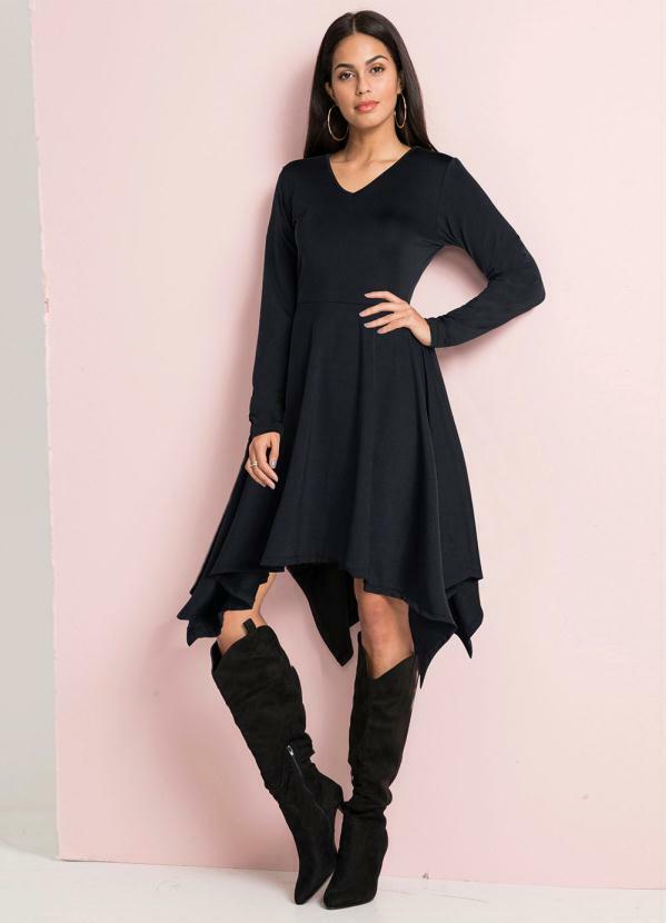 bonprix - Vestido Assimétrico Mangas Longas Preto
