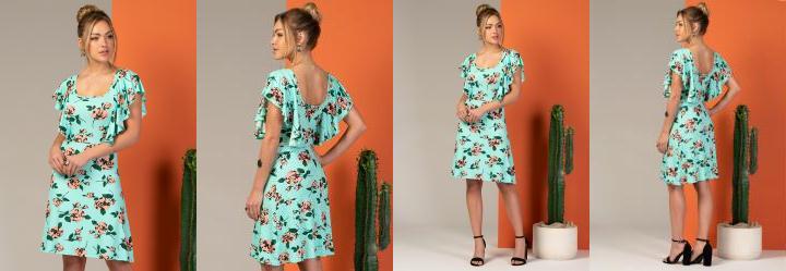 Vestido Cl�ssico com Babado Floral Verde