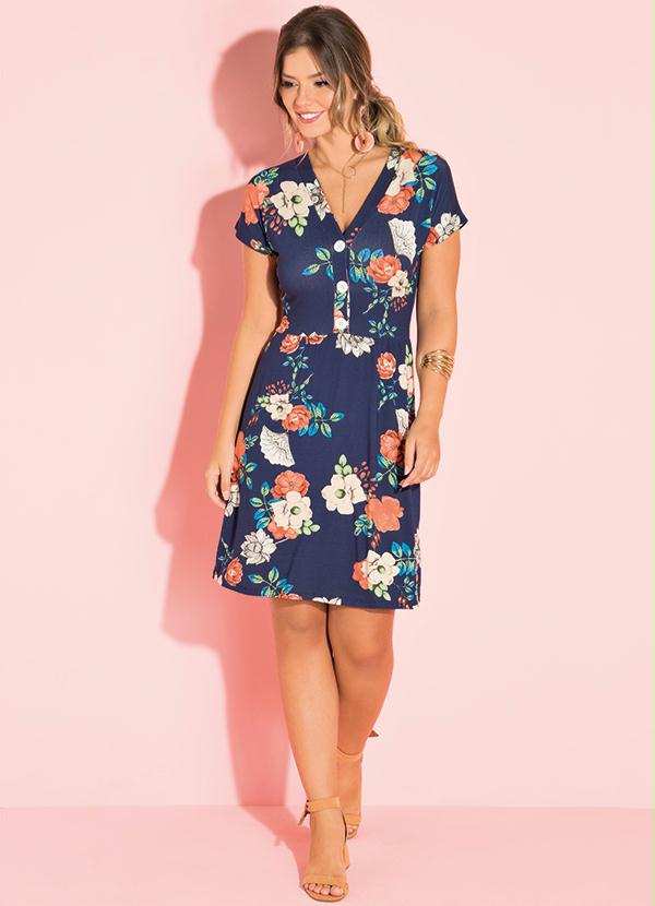 Quintess - Vestido Clássico Floral Azul com Botões 5