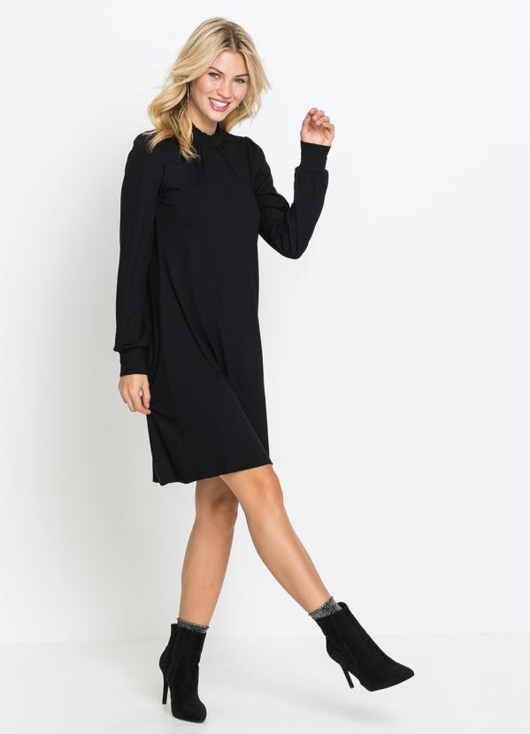 bonprix - Vestido com Babado na Gola e Mangas Longas Preta