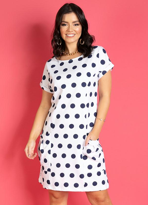 Quintess - Vestido com Bolsos Frontais Poá Marinho