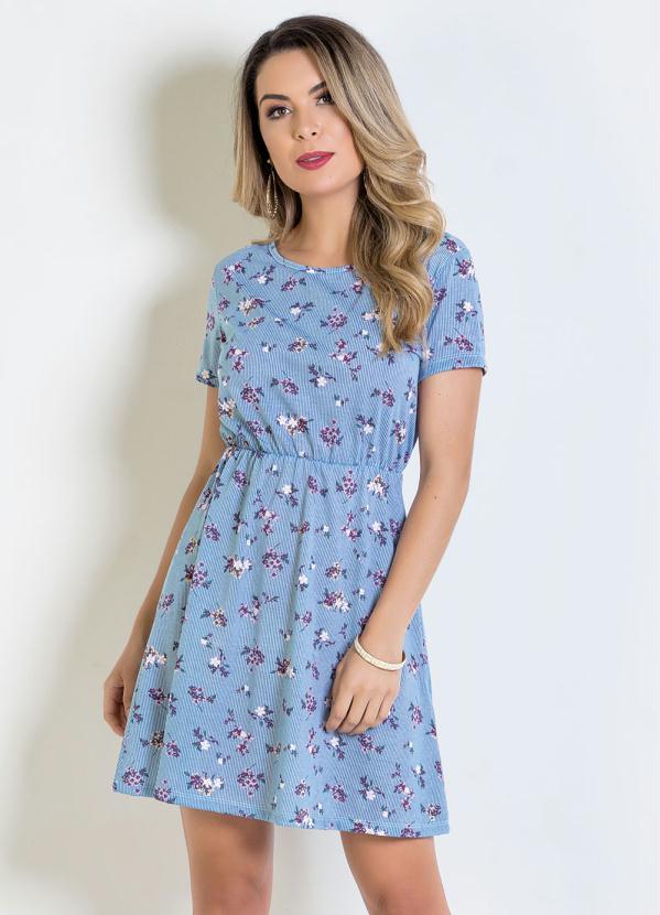 Outlet Vestido com Elástico na Cintura Floral e Listras