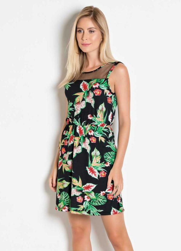 Outlet - Vestido com Transparência no Decote Folhagem