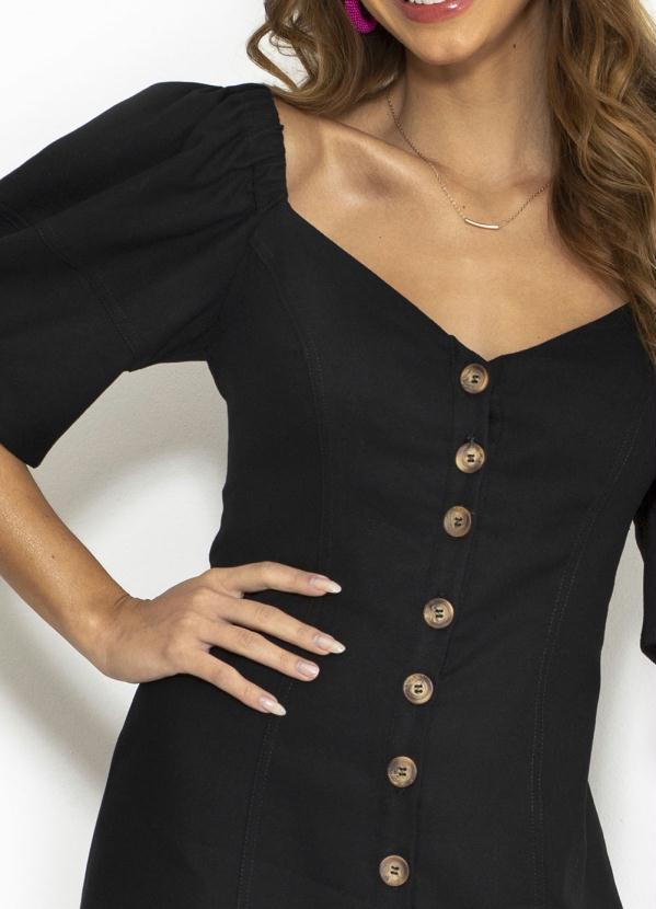 Farm Vestido Curto de Linho Botões Preto