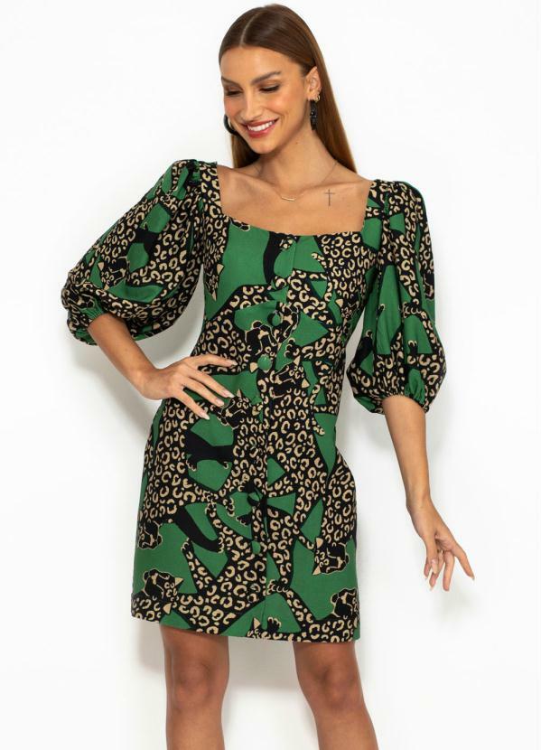 Farm - Vestido Curto de Linho Dança de Onça Verde