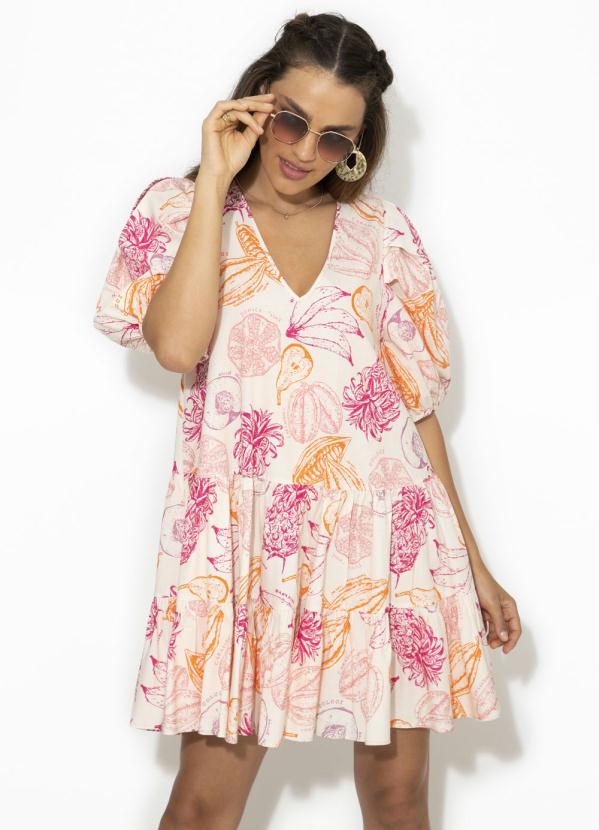 Colcci - Vestido Curto de Tricoline Estampado Bege