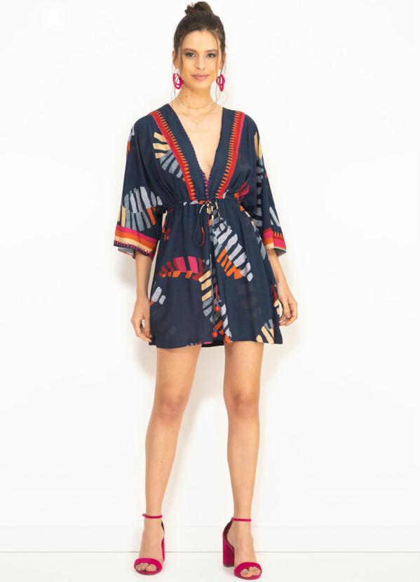 Farm - Vestido Curto de Viscose Tucano de Listra Azul 3