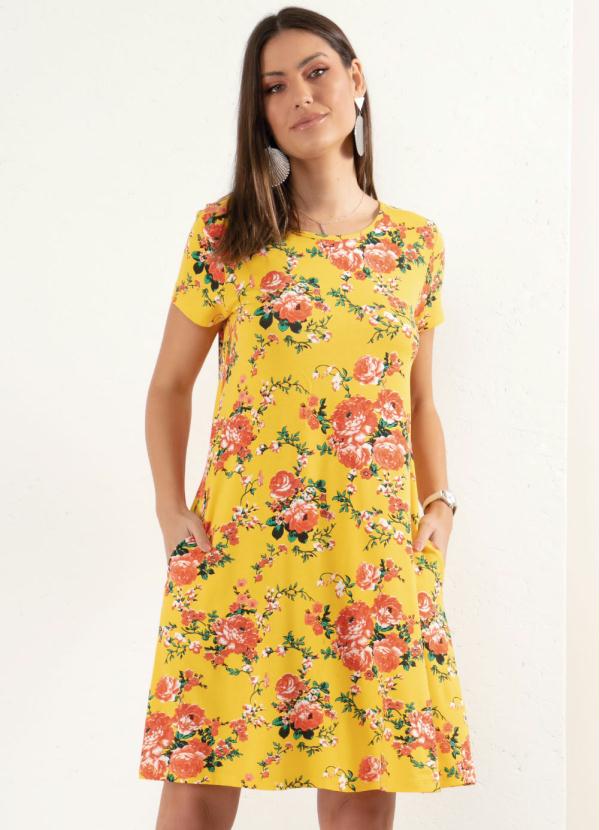 Quintess - Vestido Curto Floral Amarelo com Bolsos