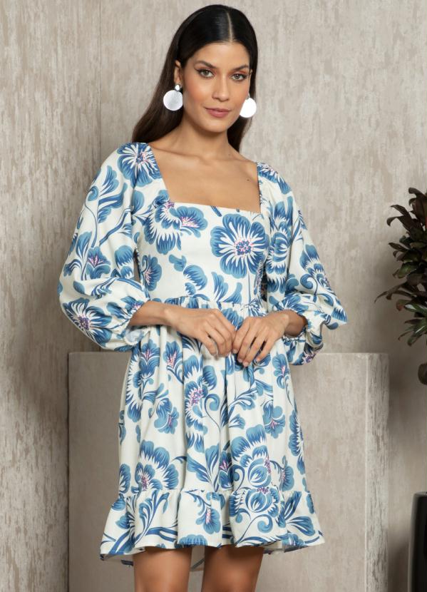 Quintess - Vestido Curto Floral Azul com Mangas Bufantes